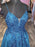 A Line V Neck Blue Lace Long Prom Dresses, V Neck Blue Formal Dresses, Blue Lace Evening Dresses