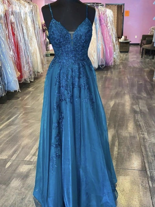 A Line V Neck Blue Lace Long Prom Dresses, V Neck Blue Formal Dresses, Blue Lace Evening Dresses