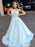 A Line V Neck Blue Lace Long Prom Dresses, Long Blue Lace Formal Evening Dresses