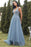 A Line V Neck Blue Lace Tulle Long Prom Dresses, Blue Lace Formal Dresses, Blue Evening Dresses 