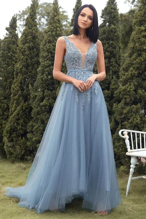 A Line V Neck Light Blue Lace Tulle Prom Dresses Evening Dresses – Pgmdress