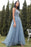 A Line V Neck Blue Lace Tulle Long Prom Dresses, Blue Lace Formal Dresses, Blue Evening Dresses 