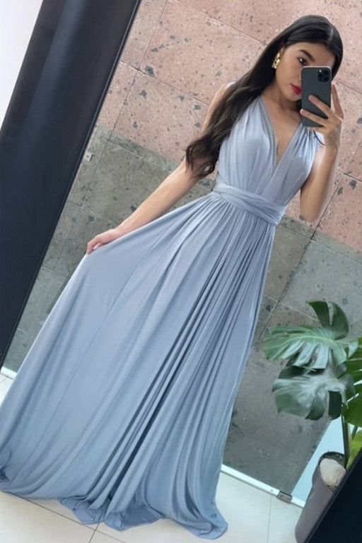 A Line V Neck Blue Long Prom Dresses, V Neck Blue Formal Evening Dresses