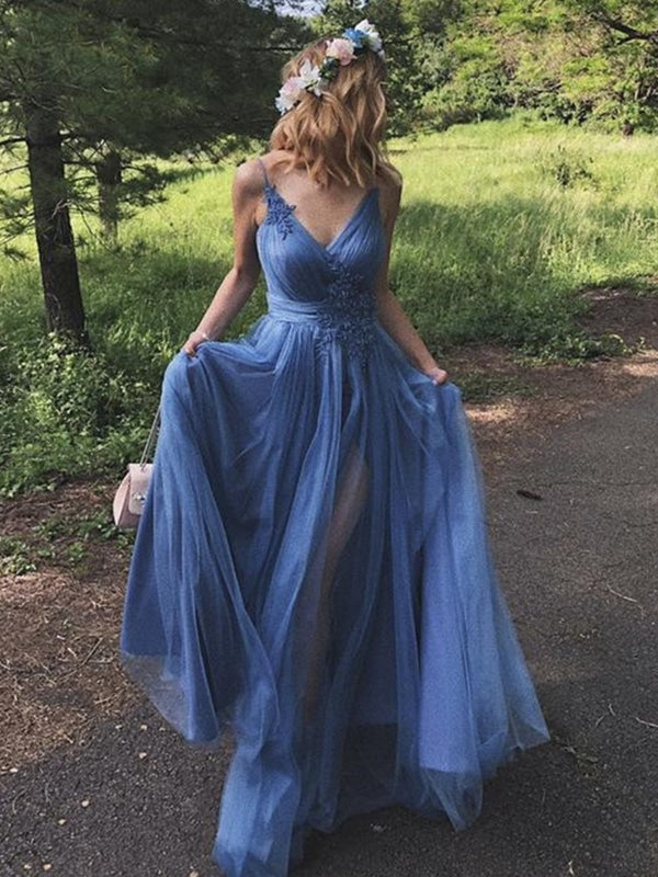 A Line V Neck Blue Long Prom V Neck Long Blue Formal Graduation Evening - Prom Dress