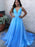 A Line V Neck Blue Long Prom Dresses with Thin Belt, Blue Formal Dresses, Evening Dresses