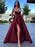 A Line V Neck Blue/Black/Red/Burgundy Satin Long Prom Dresses with Sequins, Long Blue/Black/Red/Burgundy Formal Evening Dresses with High Slit 