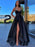 A Line V Neck Blue/Black/Red/Burgundy Satin Long Prom Dresses with Sequins, Long Blue/Black/Red/Burgundy Formal Evening Dresses with High Slit 