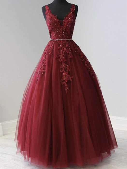 A Line V Neck Burgundy Lace Long Prom Dresses, Burgundy Lace Formal Graduation Evening Dresses