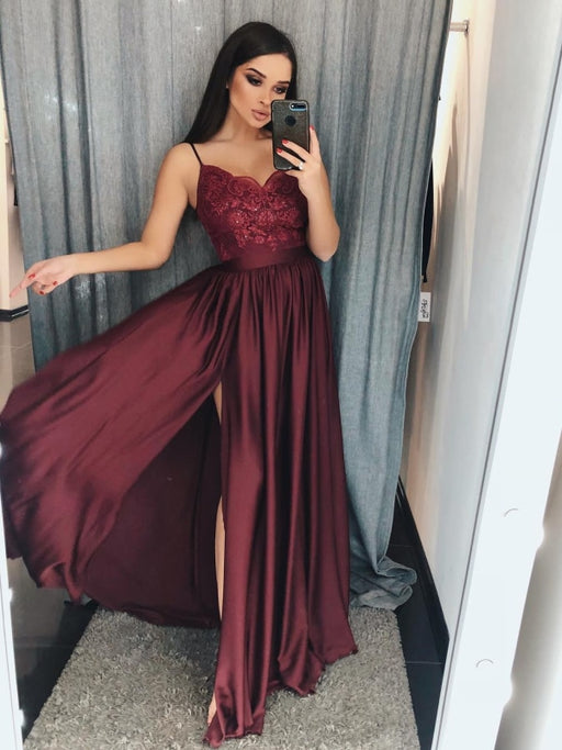 A Line V Neck Burgundy Lace Prom Dresses with Side Slit, Burgundy Lace Graduation Dresses, Burgundy Lace Formal Dresses