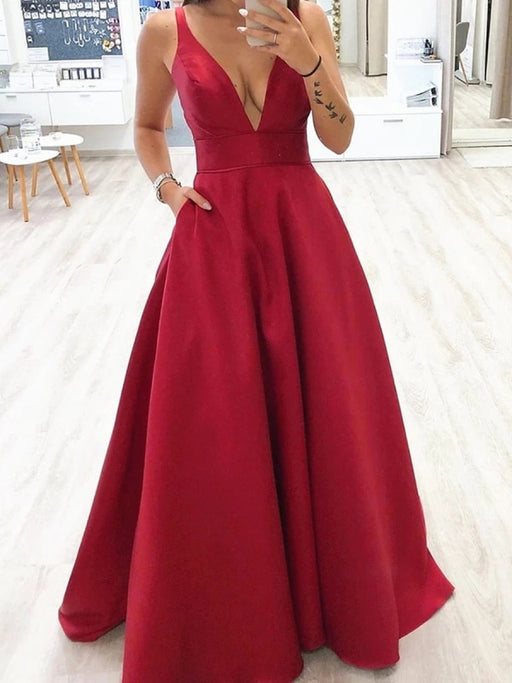 A Line V Neck Burgundy Long Prom Dresses, V Neck Burgundy Formal Dresses, Burgundy Evening Dresses