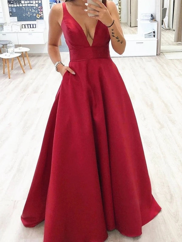 A Line V Neck Burgundy Long Prom V Neck Burgundy Formal Burgundy Eve — Bridelily 3471