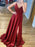 A Line V Neck Burgundy Long Prom Dresses with Leg Slit, V Neck Burgundy Formal Graduation Evening Dresses