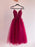 A Line V Neck Burgundy Prom Dresses with Lace Appliques, Burgundy Lace Homecoming Dresses, Short Burgundy Formal Evening Dresses 