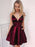 A Line V Neck Burgundy Satin Homecoming Dresses Short Prom Dresses, Burgundy Formal Dresses, Burgundy Evening Dresses