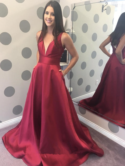 A Line V Neck Burgundy Satin Long Prom Dresses with Pocket, V Neck Burgundy Formal Graduation Evening Dresses 