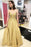 A Line V Neck Golden Lace Long Prom Dresses, Shiny Open Back Golden Lace Formal Evening Dresses