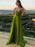 A Line V Neck Green Chiffon Long Prom Dresses with Leg Slit, V Neck Green Formal Graduation Evening Dresses 