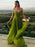 A Line V Neck Green Chiffon Long Prom Dresses with Leg Slit, V Neck Green Formal Graduation Evening Dresses 