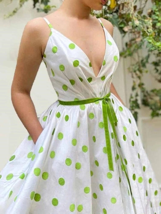 A Line V Neck Green Dot White Long Prom Dresses, Green Dot Long Formal Evening Dresses