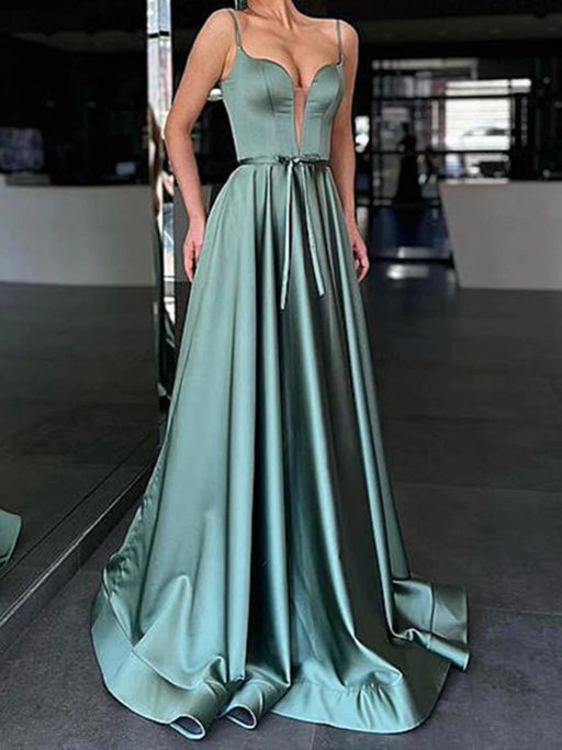 A Line V Neck Green Satin Long Prom Dresses, V Neck Green Formal Graduation Evening Dresses 