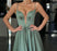 A Line V Neck Green Satin Long Prom Dresses, V Neck Green Formal Graduation Evening Dresses 