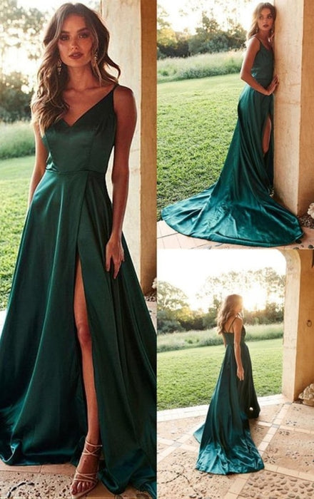 A Line V Neck High Green Satin Long Prom Dresses with Train, Green Formal Dresses, Evening Dresses 2019