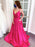 A Line V Neck Hot Pink Satin Long Prom Dresses with Pocket, V Neck Hot Pink Formal Evening Dresses