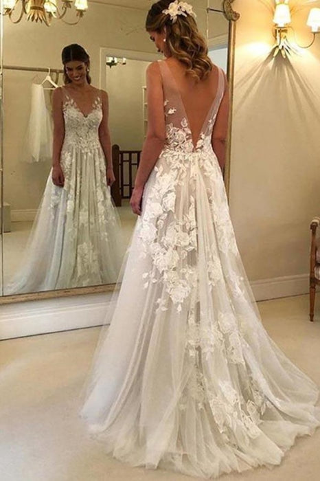 A Line V Neck Lace Appliques White Long Prom Dresses Wedding Dresses, V Neck White Lace Formal Dresses, White Lace Evening Dresses