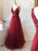 A Line V Neck Lace Burgundy Tulle Long Prom Dresses, V Neck Burgundy Lace Formal Dresses, Burgundy Lace Evening Dresses