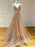 A Line V Neck Lace Champagne Long Prom Dresses, Champagne Lace Formal Graduation Evening Dresses