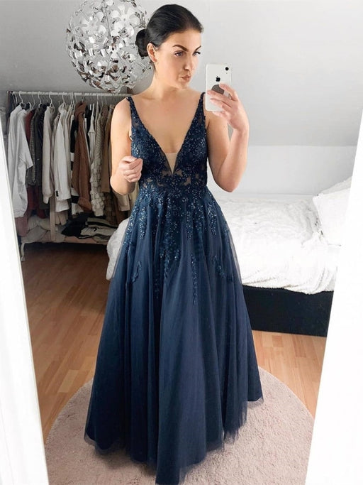 A Line V Neck Lace Navy Blue Long Prom Dresses, Navy Blue Lace Formal Dresses, Navy Blue Evening Dresses