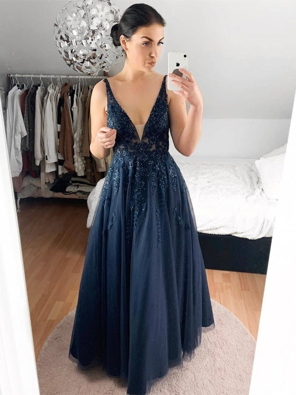 A Line V Neck Lace Navy Blue Long Prom Dresses, Navy Blue Lace Formal Dresses, Navy Blue Evening Dresses