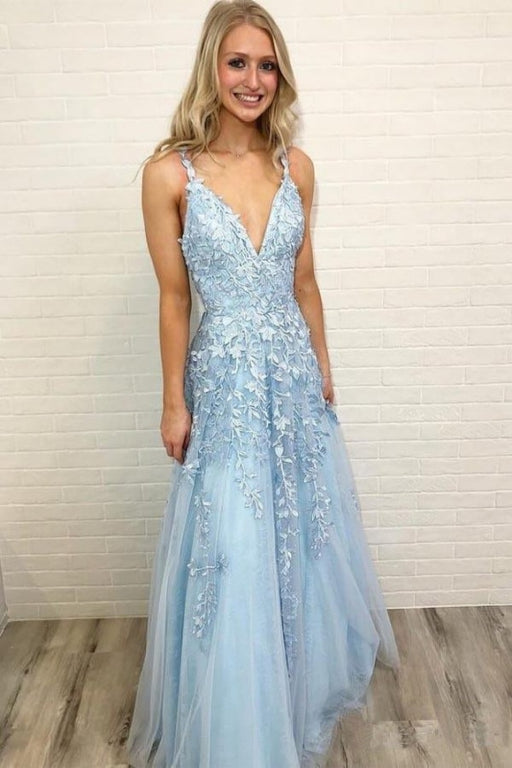 A Line V Neck Lace Sky Blue Long Prom Dresses, Sky Blue Lace Formal Dresses, V Neck Sky Blue Evening Dresses