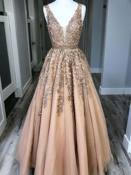 A Line V Neck Lace Tulle Long Prom Dresses, V Neck Lace Formal Graduation Dresses, Lace Evening Dresses