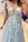 A Line V Neck Light Blue Lace Floral Long Prom Dresses, 3D Flowers Light Blue Lace Formal Evening Dresses