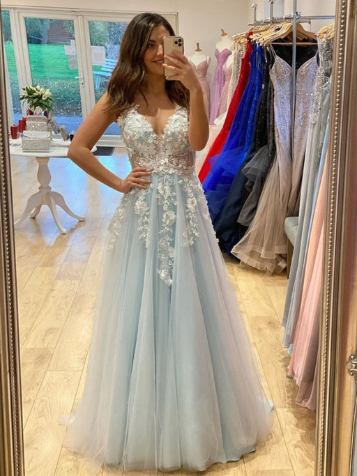 Deep V Neck Light Blue Lace Long Prom Dresses, Light Blue Lace Formal —  Bridelily