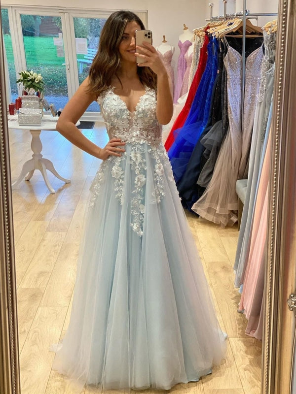 Floral blue prom dress best sale