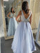 A Line V Neck Light Blue Lace Long Prom Dresses, Light Blue Lace Formal Dresses, Light Blue Evening Dresses