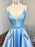 A Line V Neck Light Blue Satin Long Prom Dresses with Pocket, V Neck Light Blue Formal Evening Dresses