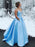 A Line V Neck Light Blue Satin Long Prom Dresses with Pocket, V Neck Light Blue Formal Evening Dresses