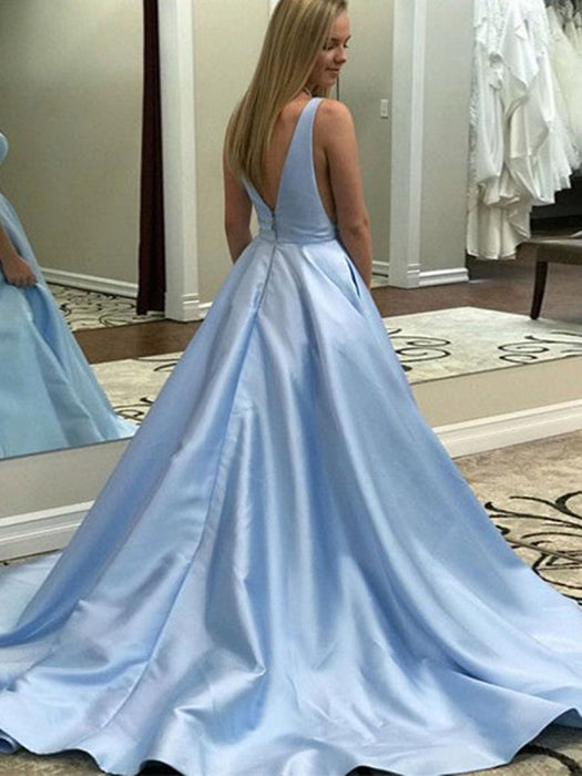 A Line V Neck Light Blue Satin Long Prom Dresses with Pocket, V Neck Light Blue Formal Graduation Evening Dresses