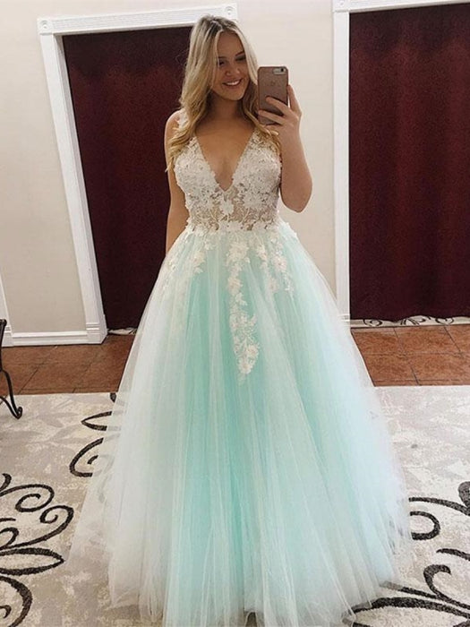 A Line V Neck Long White Lace Appliques Light Green Prom Dresses, V Neck Lace Light Green Formal Dresses, Lace Green Evening Dresses