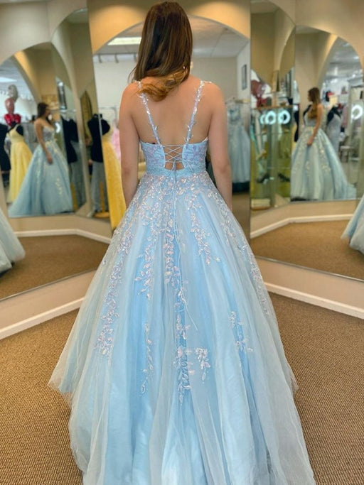 A Line V Neck Open Back Beaded Blue Lace Long Prom Dresses with Belt, Blue Lace Formal Dresses, Beaded Blue Evening Dresses 