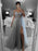 A Line V Neck Open Back Beaded Gray Long Prom Dresses, Backless Gray Formal Dresses, Gray Evening Dresses