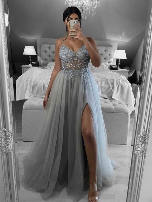 A Line V Neck Open Back Beaded Gray Long Prom Dresses, Backless Gray Formal Dresses, Gray Evening Dresses