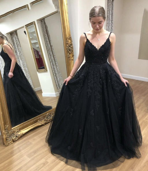 A Line V Neck Open Back Black Lace Long Prom Dresses, Black Lace Formal Dresses, Black Evening Dresses 