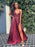 A Line V Neck Open Back Burgundy Long Prom Dresses with High Slit, Backless Burgundy Formal Dresses, Maroon Evening Dresses