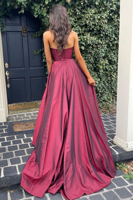 A Line V Neck Open Back Burgundy Long Prom Dresses with High Slit, Backless Burgundy Formal Dresses, Maroon Evening Dresses