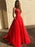 A Line V Neck Open Back Red Long Prom Dresses with Pocket, Backless Red Formal Graduation Evening Dresses