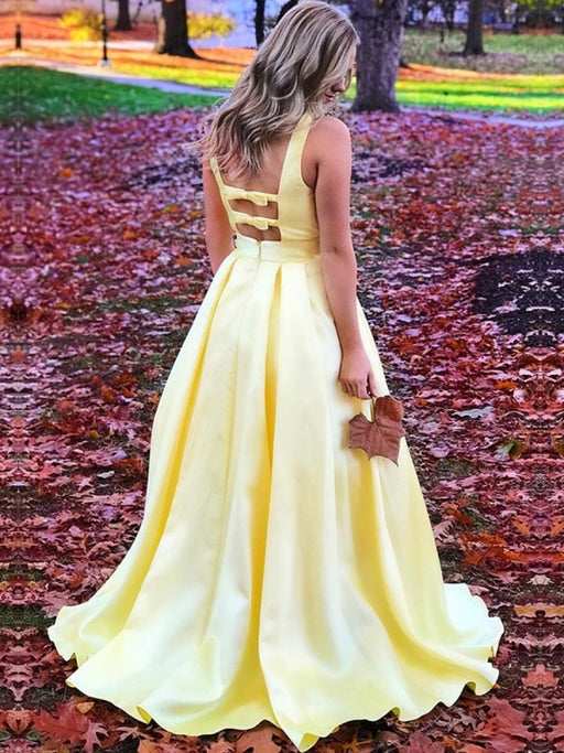 A Line V Neck Open Back Yellow Satin Long Prom V Neck Yellow Formal Graduation Evening Simple Party - Dress